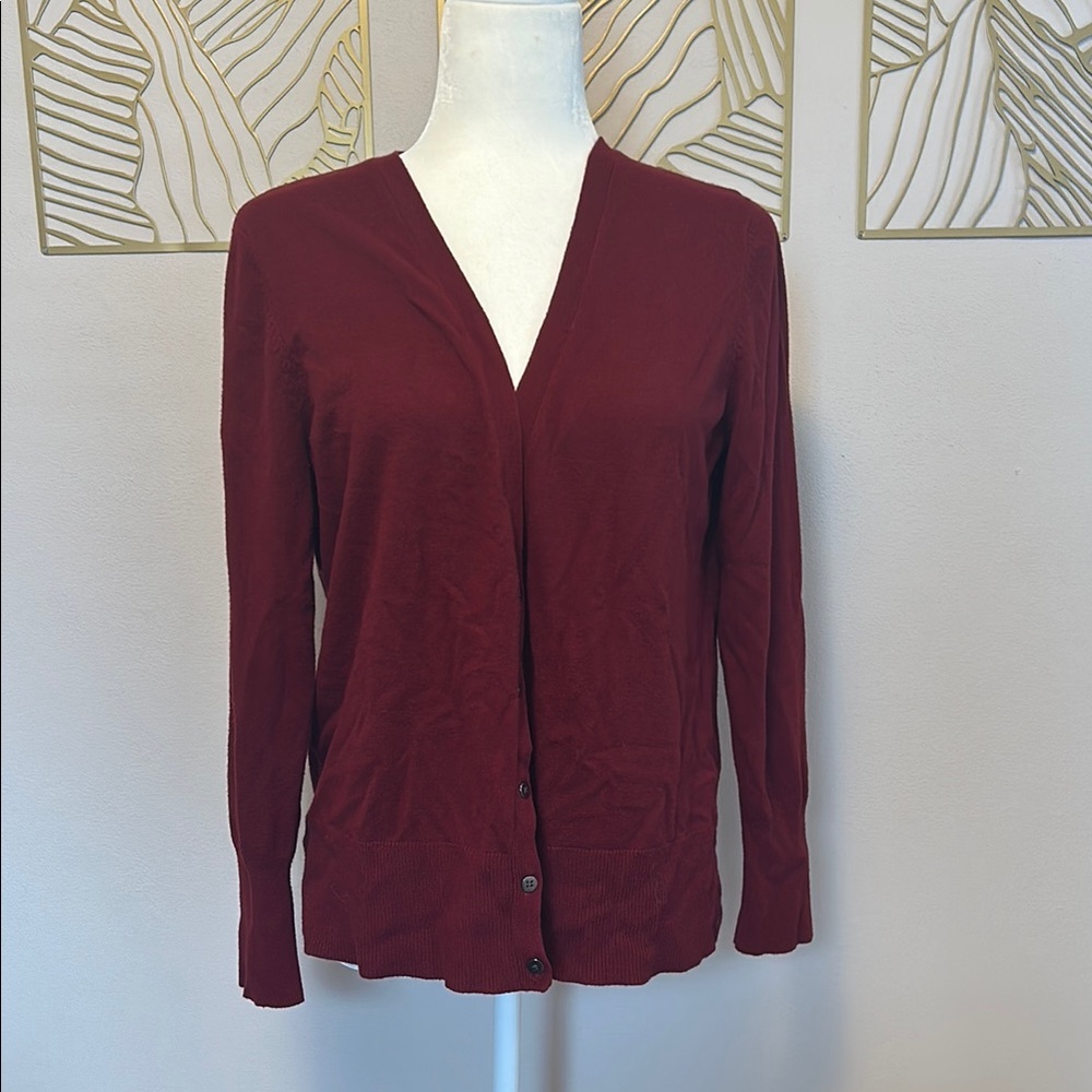Red Cardigan Sweater with V-neck and Long Sleeves